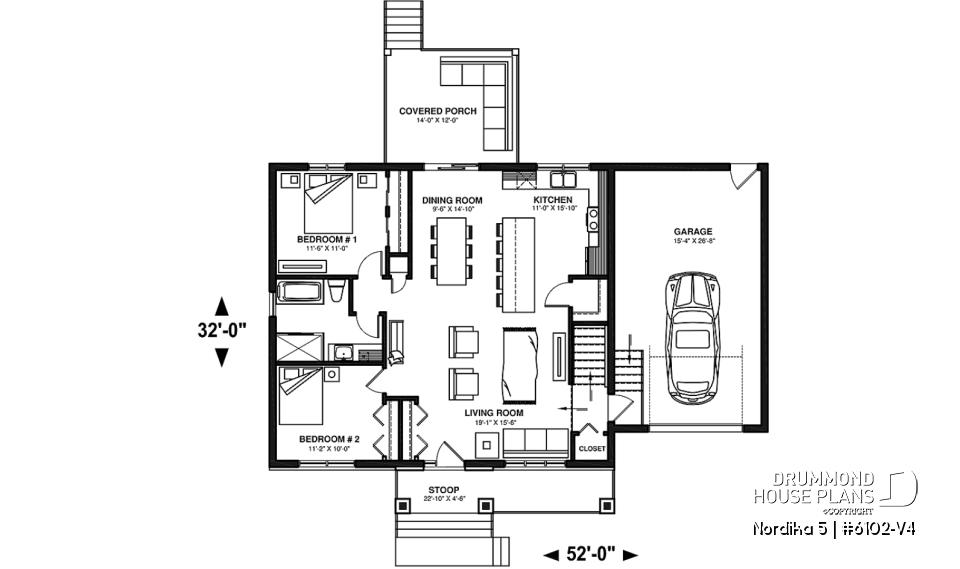 1st level - Craftsman 2 bedroom house plan, one-car garage, open concept, pantry, laundry chute - Nordika 5