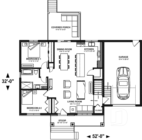 1st level - Craftsman 2 bedroom house plan, one-car garage, open concept, pantry, laundry chute - Nordika 5