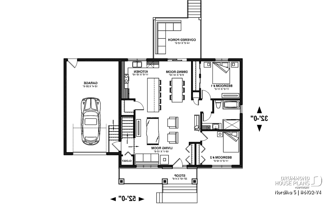 1st level - Craftsman 2 bedroom house plan, one-car garage, open concept, pantry, laundry chute - Nordika 5