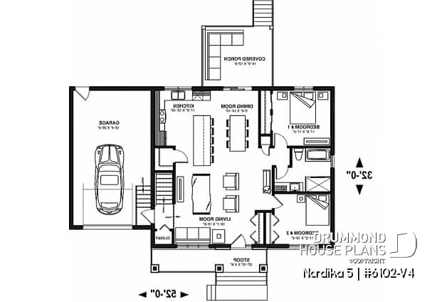 1st level - Craftsman 2 bedroom house plan, one-car garage, open concept, pantry, laundry chute - Nordika 5
