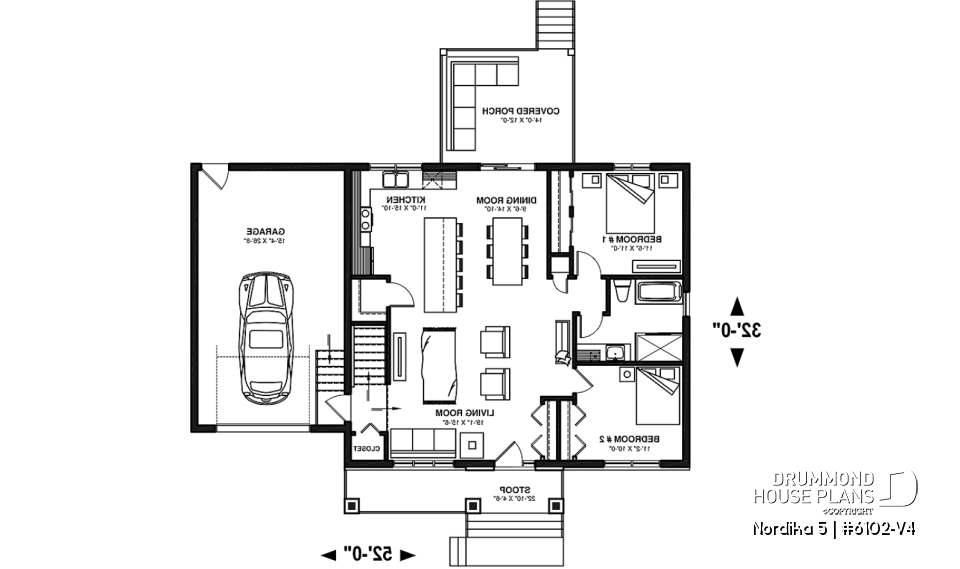 1st level - Craftsman 2 bedroom house plan, one-car garage, open concept, pantry, laundry chute - Nordika 5