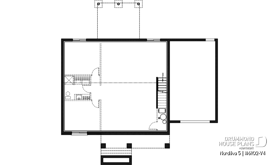 Unfinished basement - Craftsman 2 bedroom house plan, one-car garage, open concept, pantry, laundry chute - Nordika 5