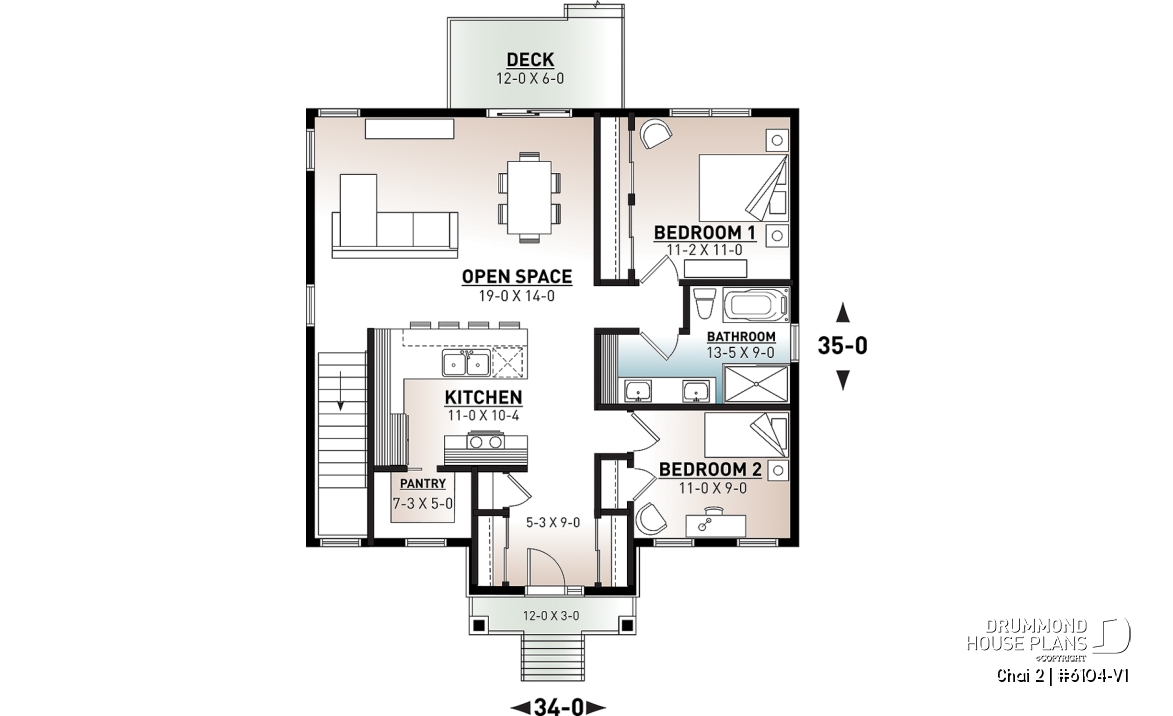 1st level - 2 bedroom affordable ranch style house plan with great kitchen et open floor plan concept - Chai 2