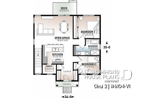 1st level - 2 bedroom affordable ranch style house plan with great kitchen et open floor plan concept - Chai 2
