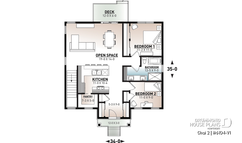 1st level - 2 bedroom affordable ranch style house plan with great kitchen et open floor plan concept - Chai 2