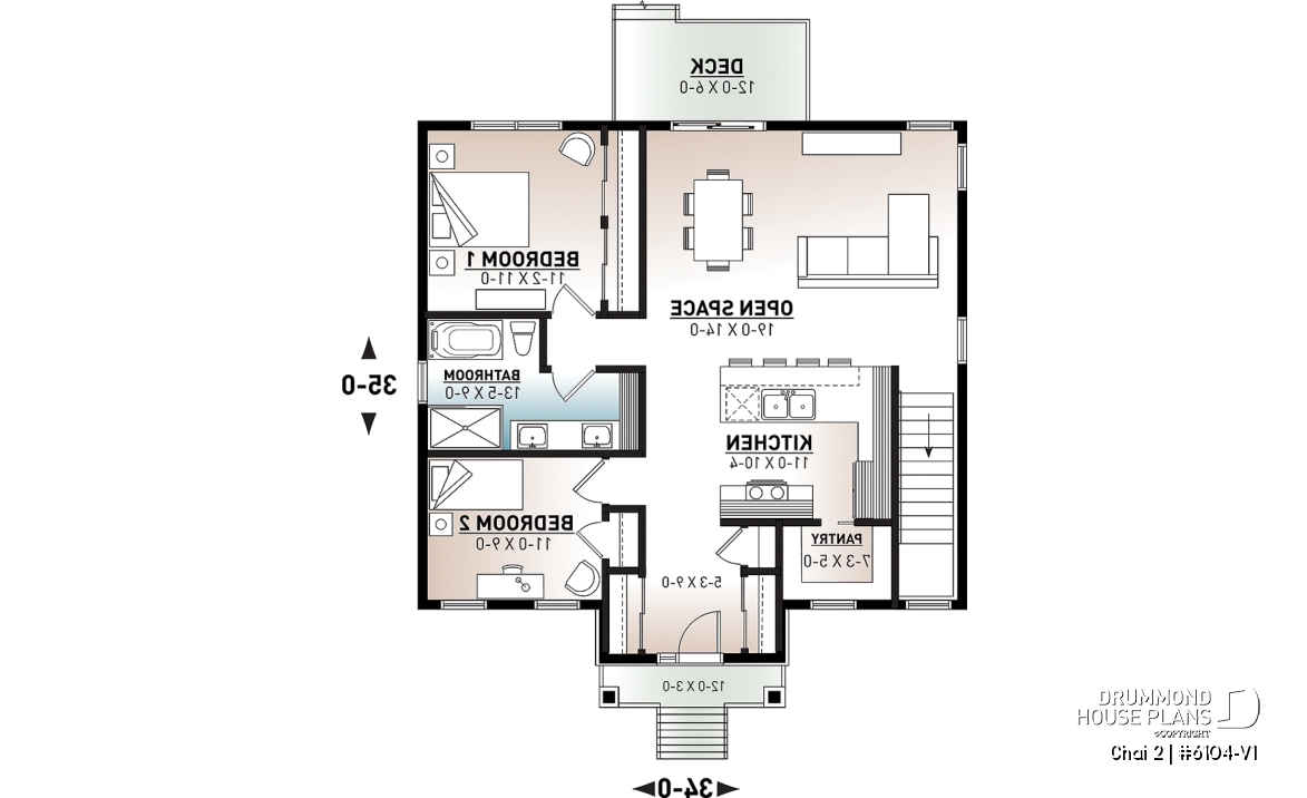 1st level - 2 bedroom affordable ranch style house plan with great kitchen et open floor plan concept - Chai 2
