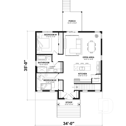 1st level - Budget friendly small craftsman home design, 2 to 4 beds, covered porch, optional finished basement ($) - Chai 3