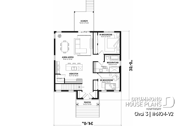 1st level - Budget friendly small craftsman home design, 2 to 4 beds, covered porch, optional finished basement ($) - Chai 3