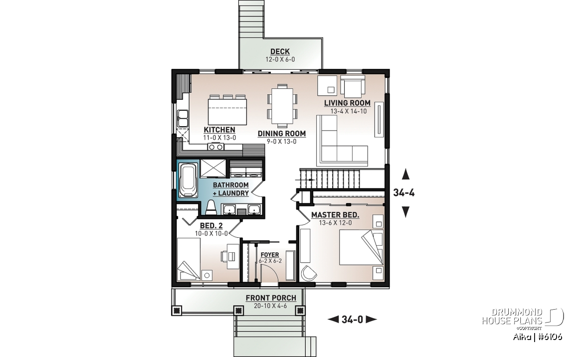 1st level - Modern one-storey house plan, 2 bedrooms, small &amp; efficient floor plan, living space at the back of house - Aika