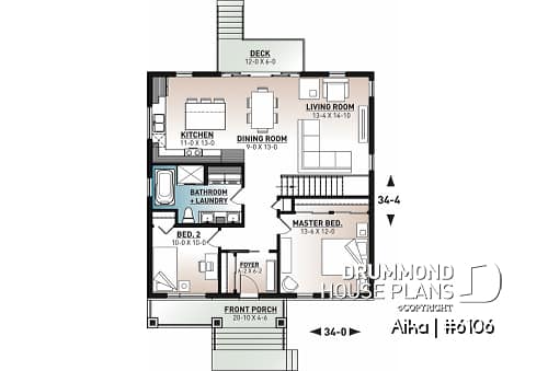 1st level - Modern one-storey house plan, 2 bedrooms, small & efficient floor plan, living space at the back of house - Aika