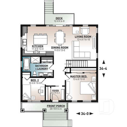 1st level - Modern one-storey house plan, 2 bedrooms, small & efficient floor plan, living space at the back of house - Aika