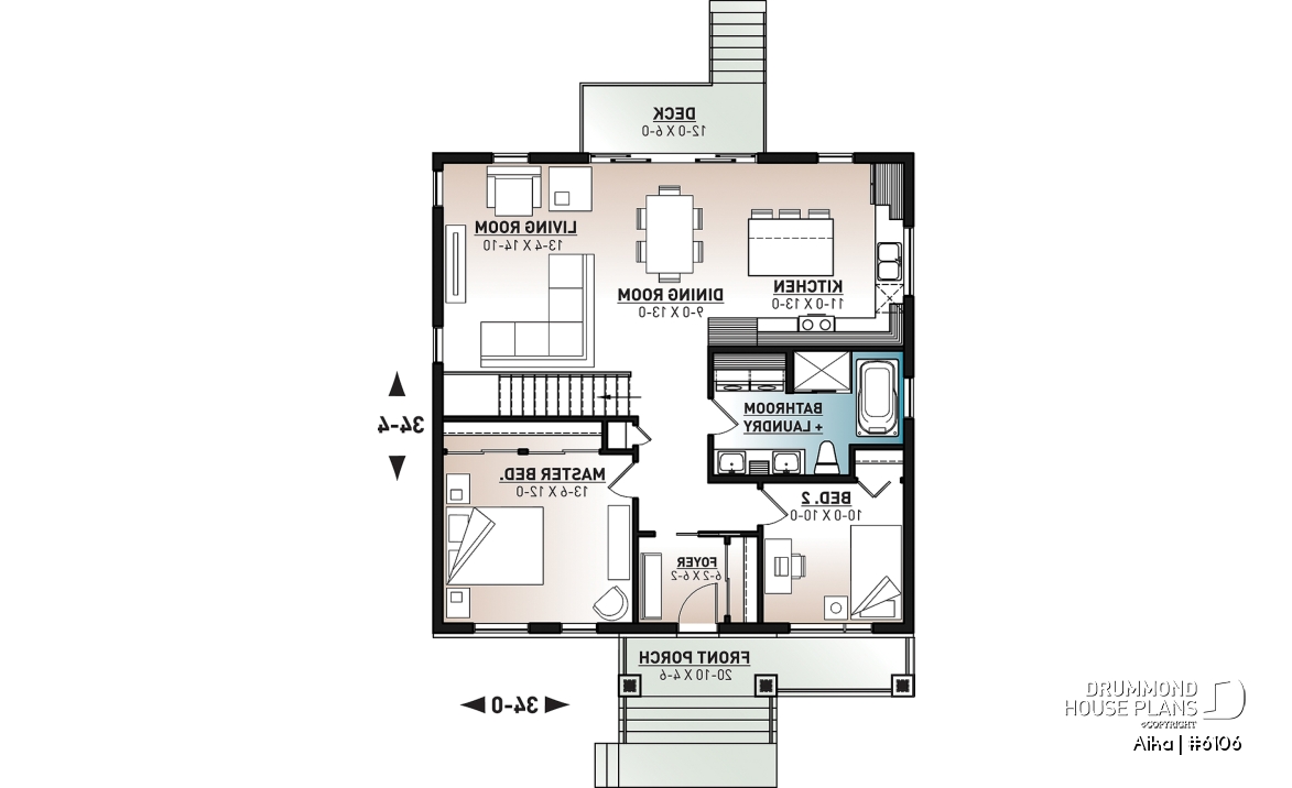 1st level - Modern one-storey house plan, 2 bedrooms, small &amp; efficient floor plan, living space at the back of house - Aika