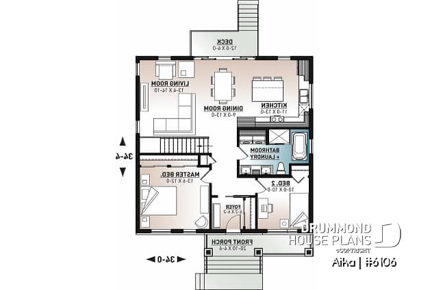 1st level - Modern one-storey house plan, 2 bedrooms, small & efficient floor plan, living space at the back of house - Aika
