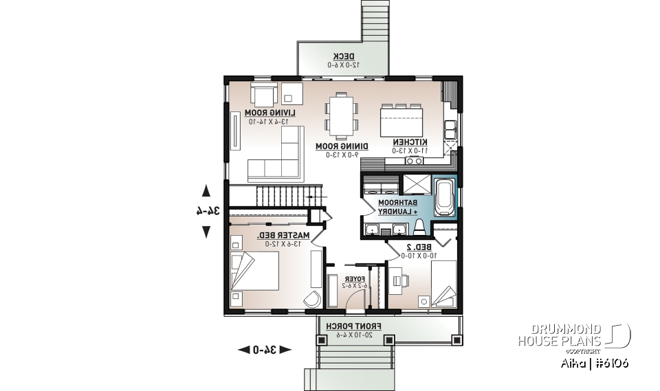 1st level - Modern one-storey house plan, 2 bedrooms, small &amp; efficient floor plan, living space at the back of house - Aika