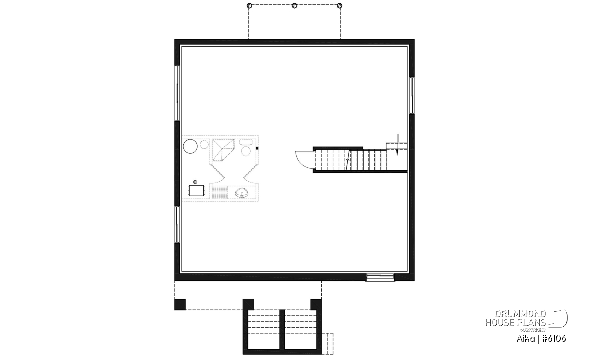 Basement - Modern one-storey house plan, 2 bedrooms, small &amp; efficient floor plan, living space at the back of house - Aika