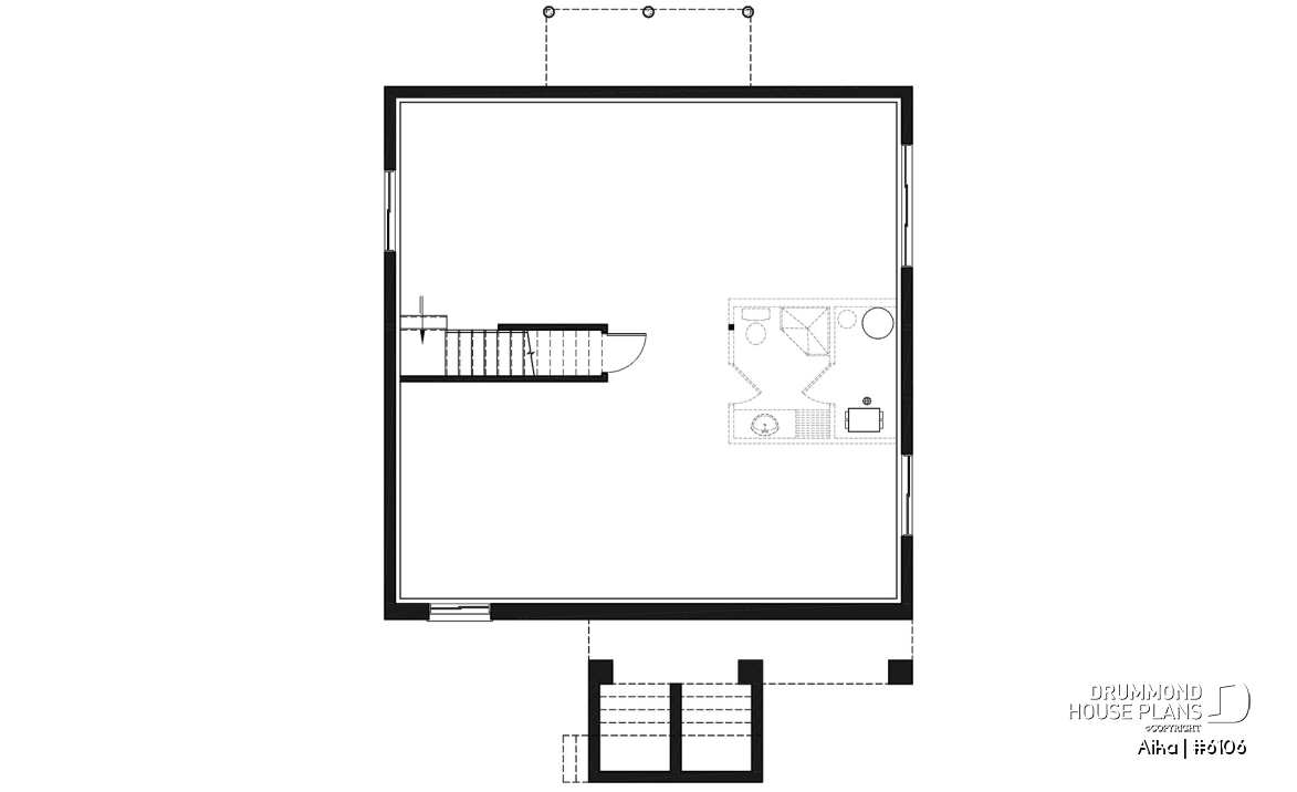 Basement - Modern one-storey house plan, 2 bedrooms, small &amp; efficient floor plan, living space at the back of house - Aika