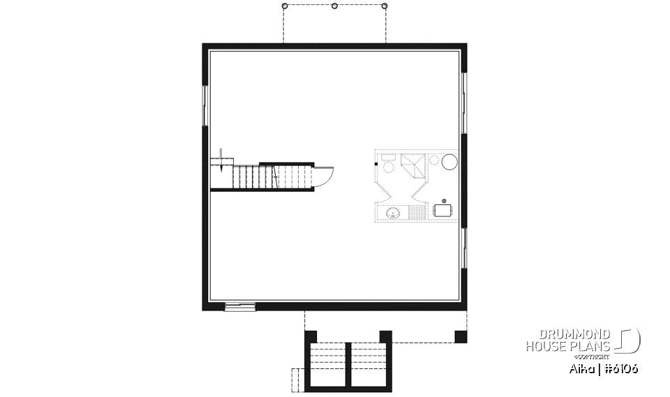 Basement - Modern one-storey house plan, 2 bedrooms, small &amp; efficient floor plan, living space at the back of house - Aika