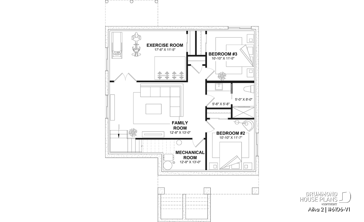 Finished basement (Optional $) - Single storey home plan, 1 to 4 beds, 2.5 baths, optional finished basement, living &amp; family rooms, 9' ceiling - Aika 2