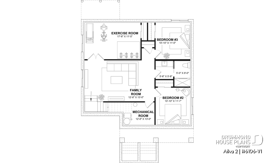Finished basement (Optional $) - Single storey home plan, 1 to 4 beds, 2.5 baths, optional finished basement, living &amp; family rooms, 9' ceiling - Aika 2
