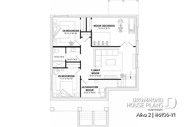 Finished basement (Optional $) of house plan 6106-V1 Finished basement (Optional $) - Single storey home plan, 1 to 4 beds, 2.5 baths, optional finished basement, living & family rooms, 9' ceiling - Aika 2