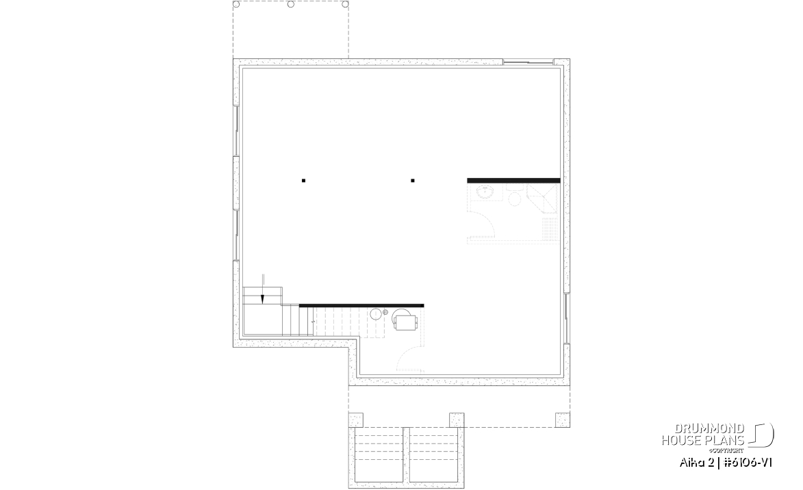 Unfinished basement - Single storey home plan, 1 to 4 beds, 2.5 baths, optional finished basement, living &amp; family rooms, 9' ceiling - Aika 2