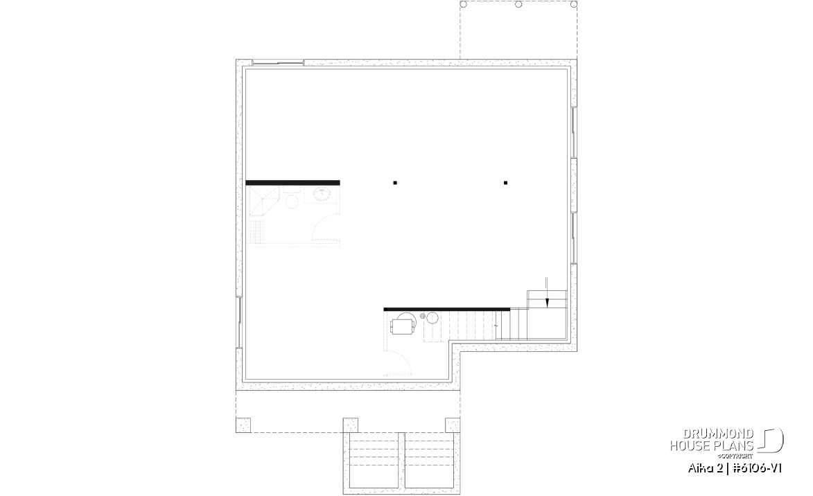 Unfinished basement - Single storey home plan, 1 to 4 beds, 2.5 baths, optional finished basement, living &amp; family rooms, 9' ceiling - Aika 2