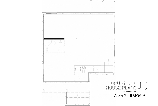 Unfinished basement of house plan 6106-V1 Unfinished basement - Single storey home plan, 1 to 4 beds, 2.5 baths, optional finished basement, living & family rooms, 9' ceiling - Aika 2