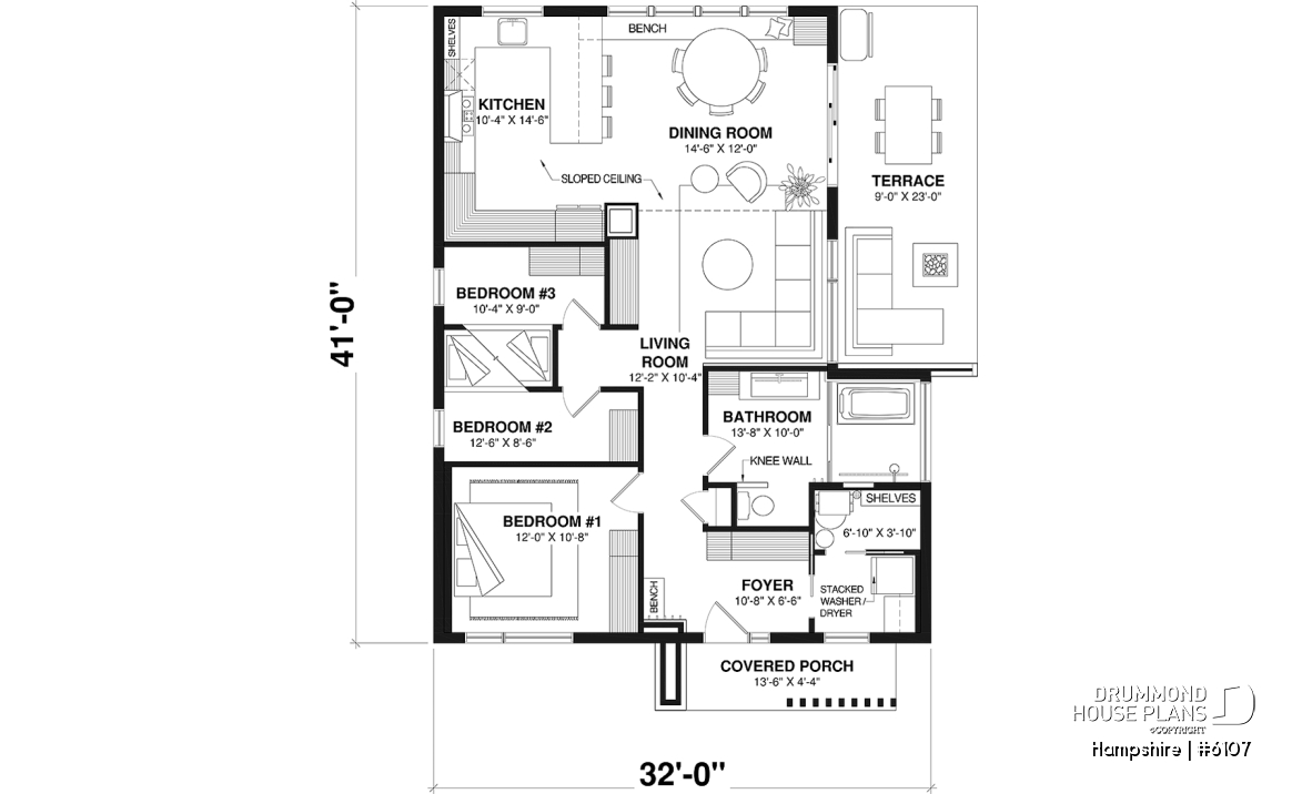 1st level - Mid-Century Modern Inspired 3 Bedroom House Model with Concrete Slab Foundation - Hampshire