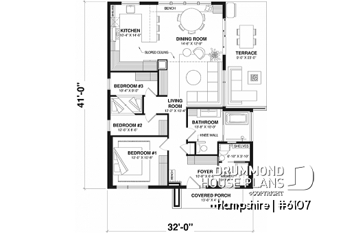 1st level - Mid-Century Modern Inspired 3 Bedroom House Model with Concrete Slab Foundation - Hampshire