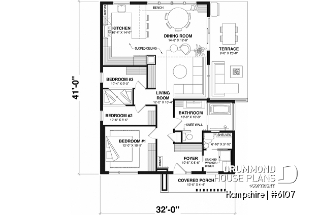 1st level - Mid-Century Modern Inspired 3 Bedroom House Model with Concrete Slab Foundation - Hampshire