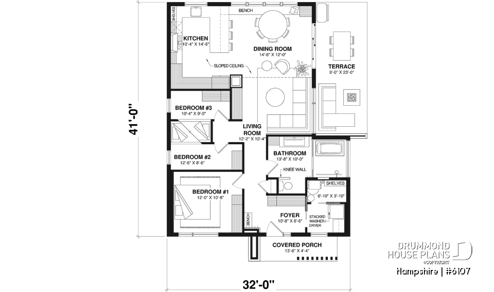 1st level - Mid-Century Modern Inspired 3 Bedroom House Model with Concrete Slab Foundation - Hampshire