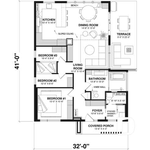 1st level - Mid-Century Modern Inspired 3 Bedroom House Model with Concrete Slab Foundation - Hampshire