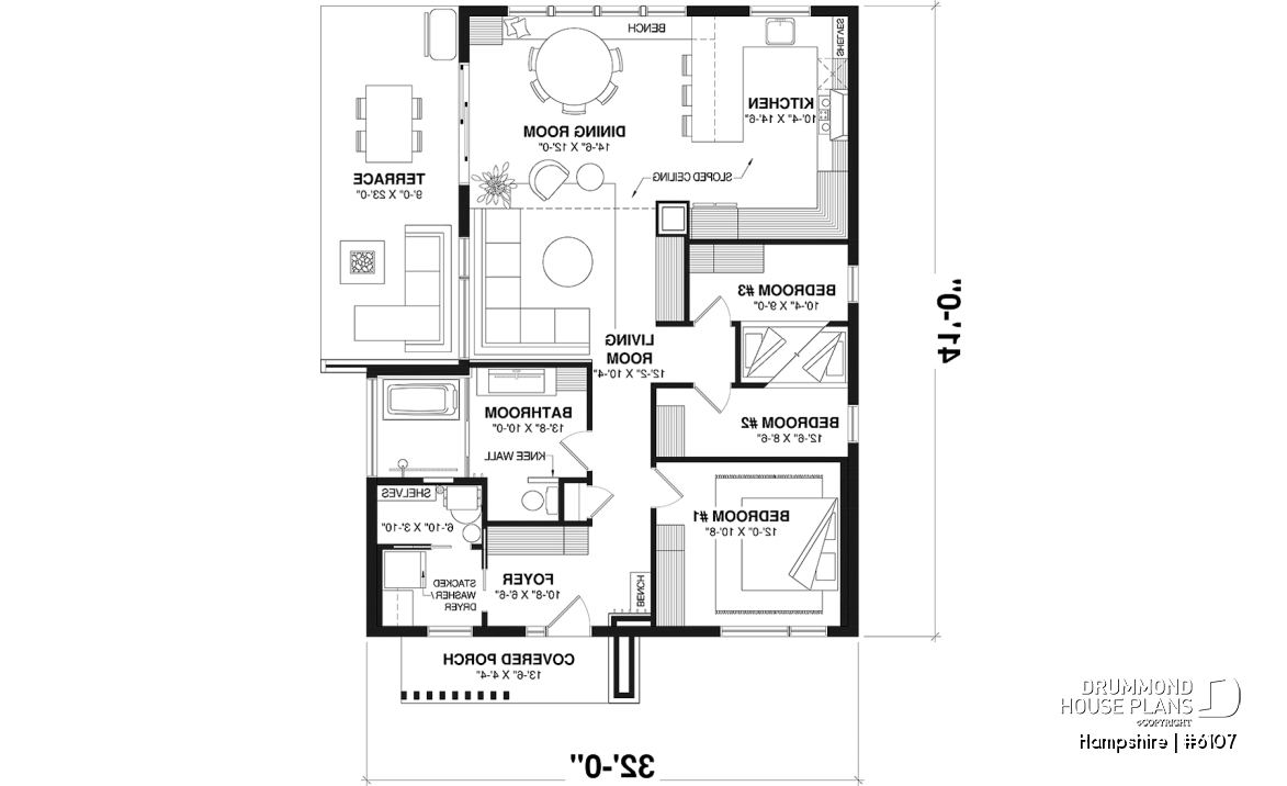 1st level - Mid-Century Modern Inspired 3 Bedroom House Model with Concrete Slab Foundation - Hampshire