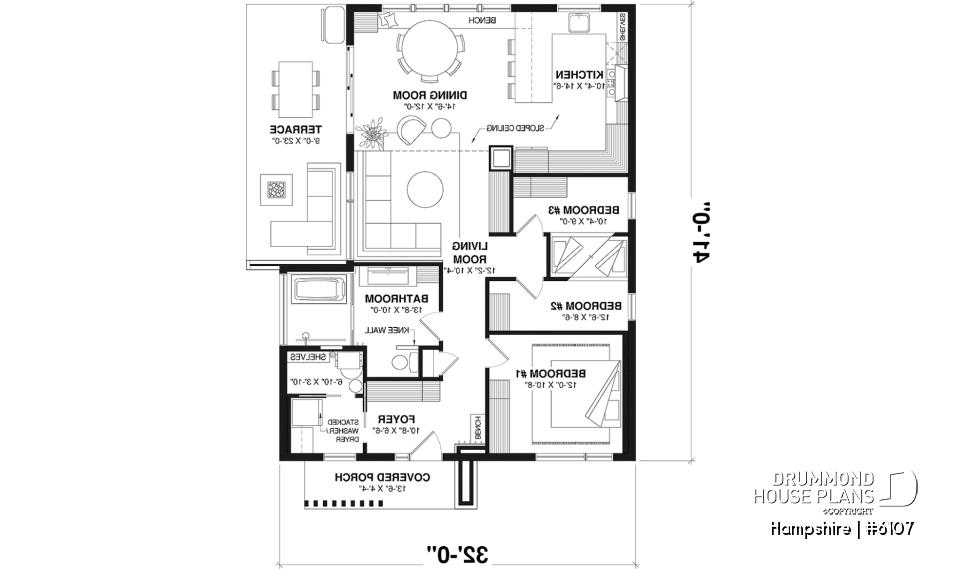 1st level - Mid-Century Modern Inspired 3 Bedroom House Model with Concrete Slab Foundation - Hampshire