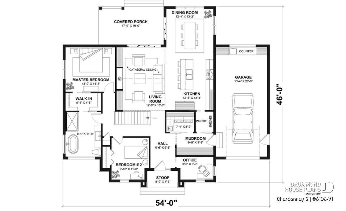 1st level - One-storey scandinavian house plan with 2 to 3 bedrooms and garage, 9' ceiling, pantry, mudroom - Chardonnay 2