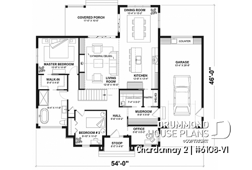 1st level - One-storey scandinavian house plan with 2 to 3 bedrooms and garage, 9' ceiling, pantry, mudroom - Chardonnay 2