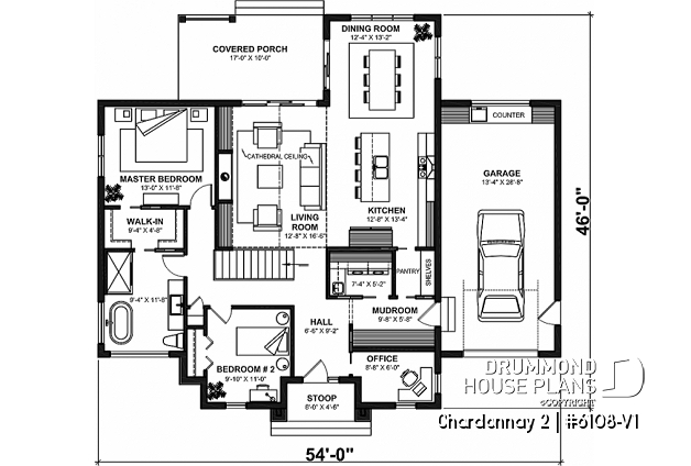 1st level - One-storey scandinavian house plan with 2 to 3 bedrooms and garage, 9' ceiling, pantry, mudroom - Chardonnay 2