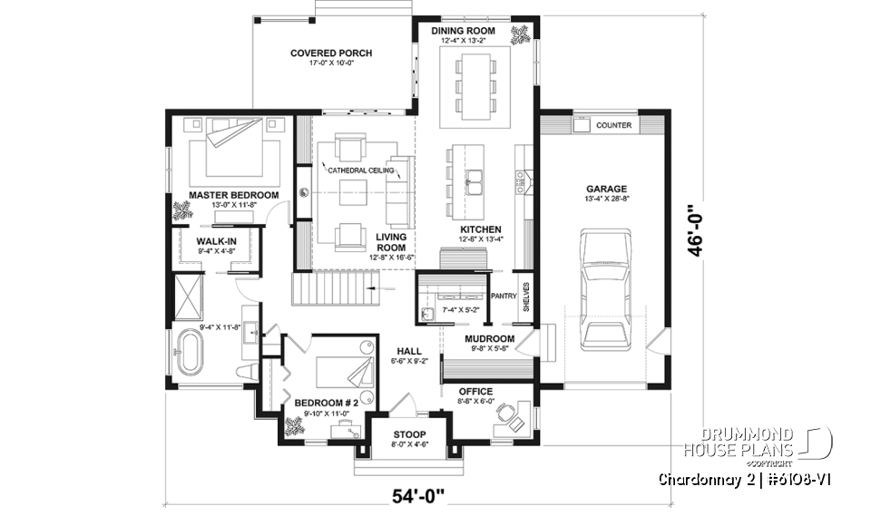 1st level - One-storey scandinavian house plan with 2 to 3 bedrooms and garage, 9' ceiling, pantry, mudroom - Chardonnay 2