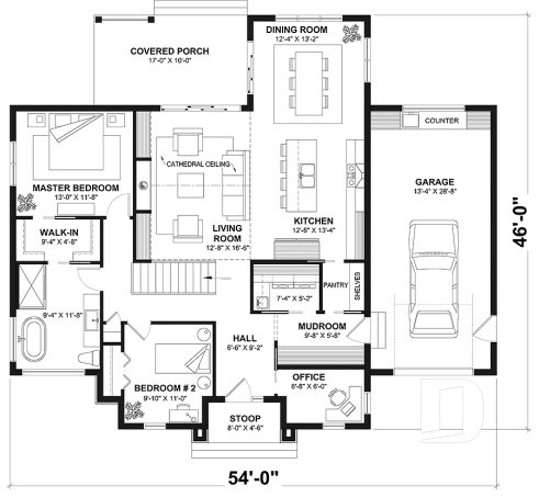 1st level - One-storey scandinavian house plan with 2 to 3 bedrooms and garage, 9' ceiling, pantry, mudroom - Chardonnay 2