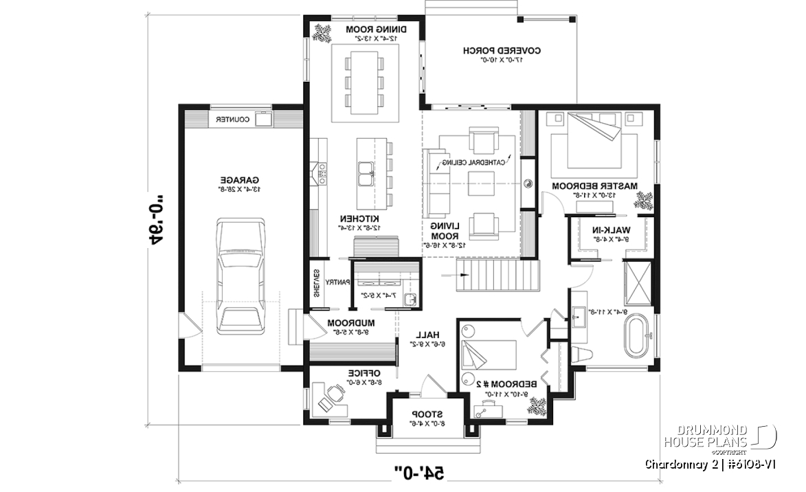 1st level - One-storey scandinavian house plan with 2 to 3 bedrooms and garage, 9' ceiling, pantry, mudroom - Chardonnay 2