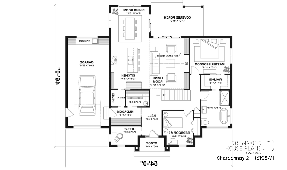 1st level - One-storey scandinavian house plan with 2 to 3 bedrooms and garage, 9' ceiling, pantry, mudroom - Chardonnay 2
