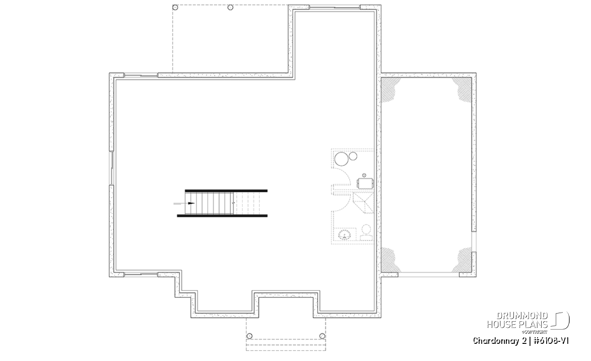 Basement - One-storey scandinavian house plan with 2 to 3 bedrooms and garage, 9' ceiling, pantry, mudroom - Chardonnay 2