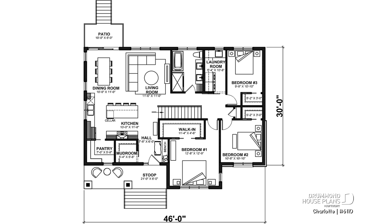 1st level - Country ranch house plan with 3 bedrooms on main floor and up to 2 more beds on finished basement (optional $) - Charlotte