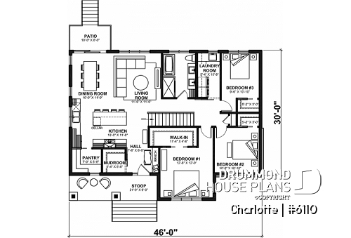 1st level - Country ranch house plan with 3 bedrooms on main floor and up to 3 more beds on finished basement - Charlotte