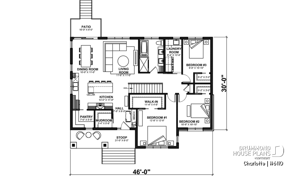 1st level - Country ranch house plan with 3 bedrooms on main floor and up to 2 more beds on finished basement (optional $) - Charlotte