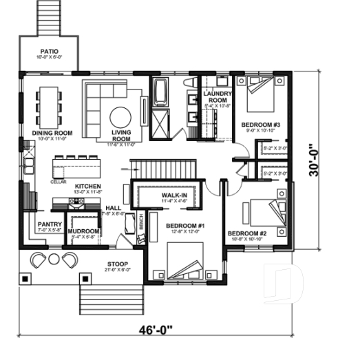 1st level - Country ranch house plan with 3 bedrooms on main floor and up to 2 more beds on finished basement (optional $) - Charlotte