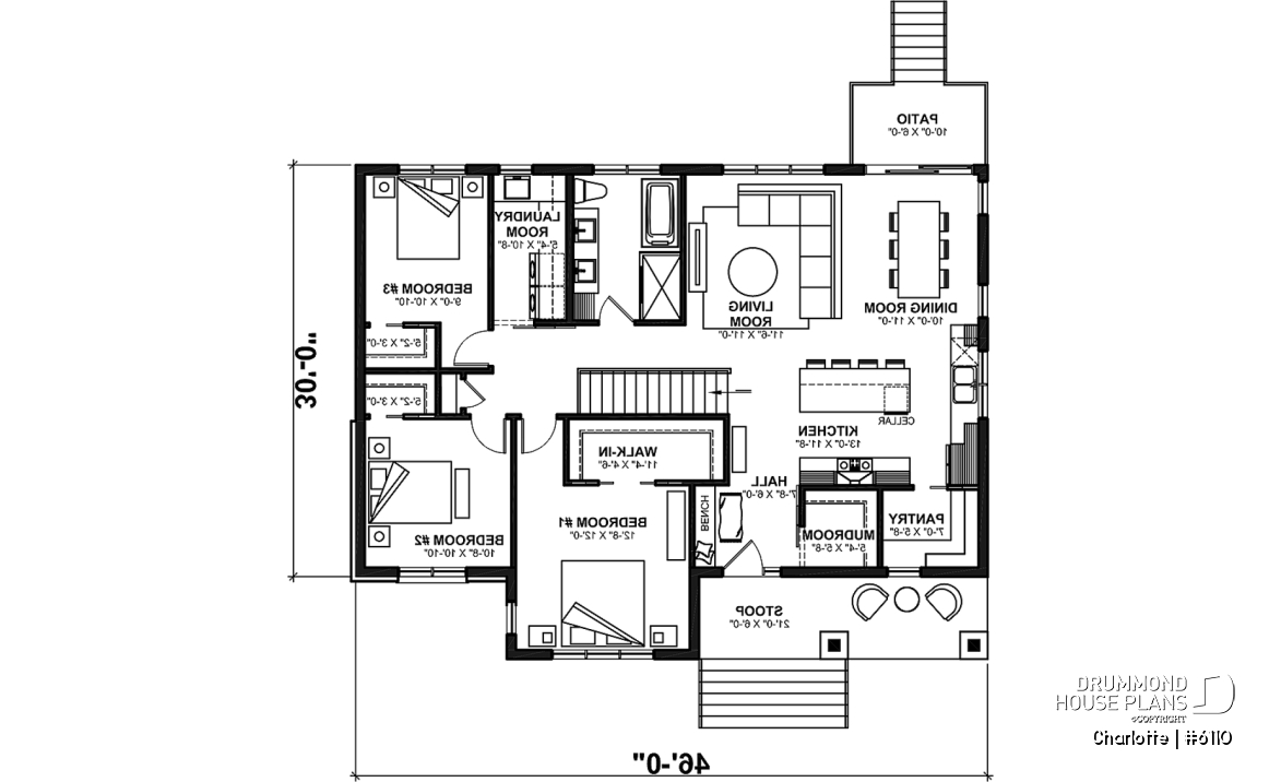 1st level - Country ranch house plan with 3 bedrooms on main floor and up to 2 more beds on finished basement (optional $) - Charlotte