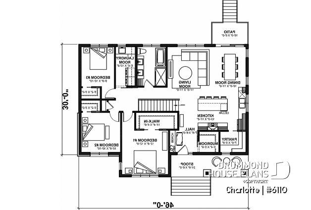 1st level - Country ranch house plan with 3 bedrooms on main floor and up to 3 more beds on finished basement - Charlotte