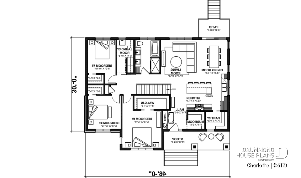 1st level - Country ranch house plan with 3 bedrooms on main floor and up to 2 more beds on finished basement (optional $) - Charlotte