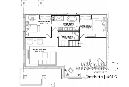 Finished basement - Country ranch house plan with 3 bedrooms on main floor and up to 2 more beds on finished basement (optional $) - Charlotte